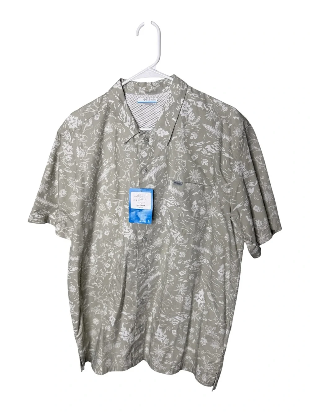 Columbia PFG Sage Green Medium Graphic Print Short Sleeve Button Down Shirt NWT